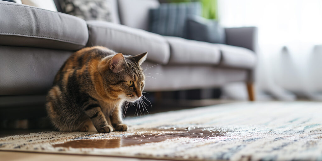Katze pinkelt auf Wohnzimmerteppich und sitzt vor der Pfütze